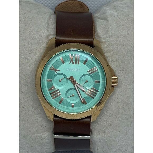 Fossil AM4540 Cecile Women's Brown Leather Analog Green Dial Quartz Watch Aa29 - Picture 1 of 9